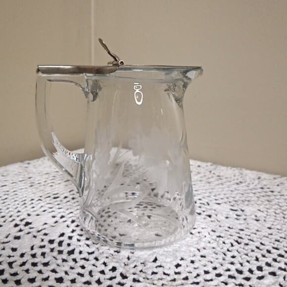 Vintage Cut Crystal Floral Glass Syrup Pourer Dispenser w/Silver Flip Top - Picture 2 of 6